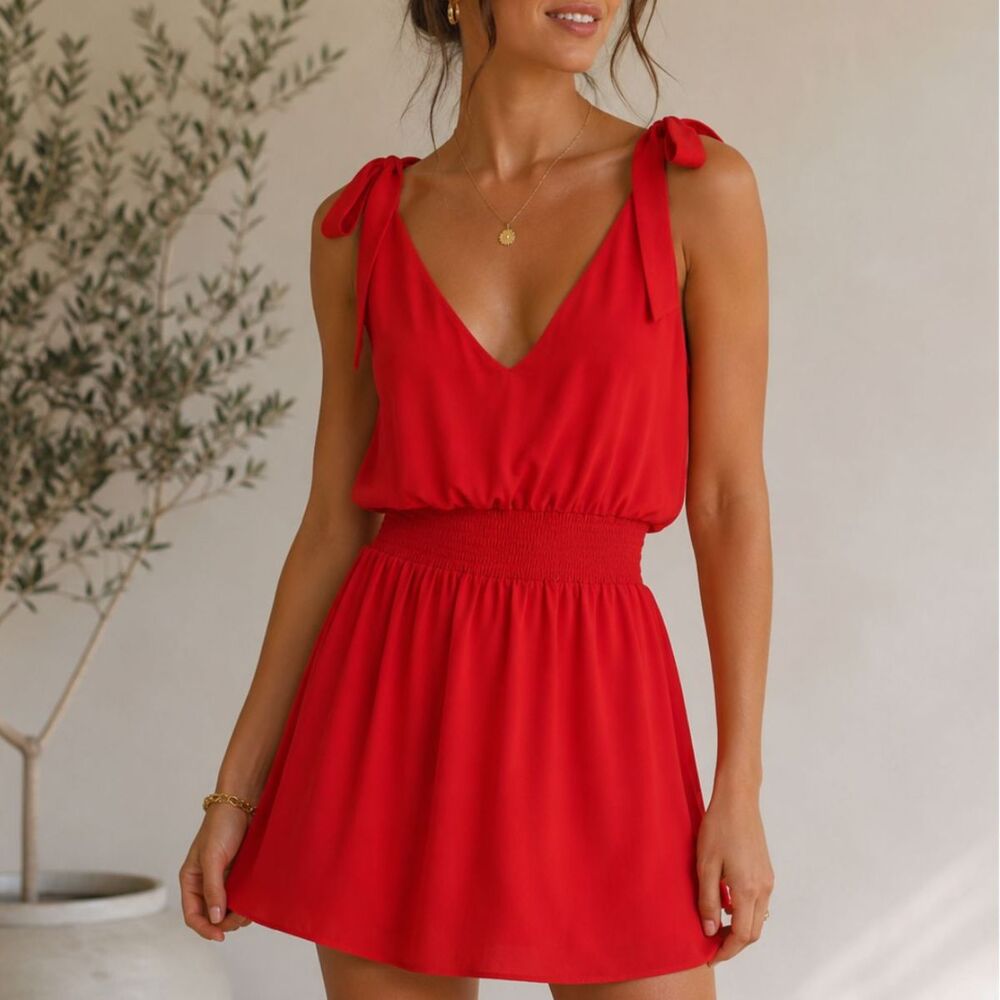 Amanda Uprichard Red Smocked V-Neck Josephine Mini with Shoulder Ties, Small